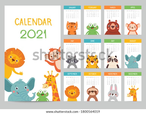 動物カレンダー21 動物や木の国やサバンナのキャラクターを使ったかわいい月のカレンダー 子どものポスターベクター画像アルマナック ライオンと象 猿とキリン カエルとアライグマ のベクター画像素材 ロイヤリティフリー