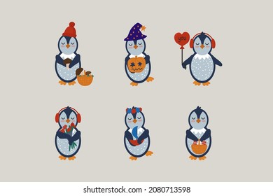 Animals for the Calendar. A set of Penguins for the autumn and spring months, seasonal illustrations. Monthly bird characters of the calendar for 2022. Vector illustration