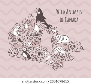 Tiere Kanadas auf Karte. Doodle-Stil-Illustration. Skizze.