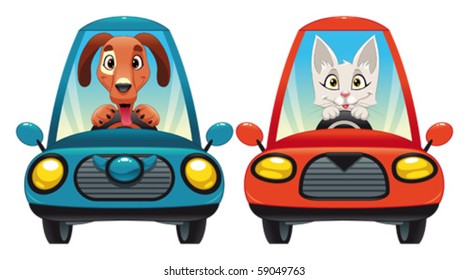 Animals in the car: Dog and Cat. Funny cartoon and vector isolated characters.