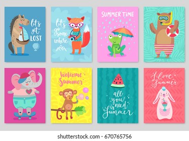 Animals card set, hand drawn style, summer theme. Vector illustration.