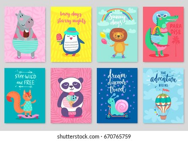 Animals card set, hand drawn style, summer theme. Vector illustration.