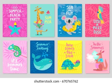 Animals card set, hand drawn style, summer theme. Vector illustration.