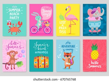 Animals card set, hand drawn style, summer theme. Vector illustration.