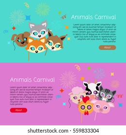 Animals carnival collection of masks for kids. Masks of dog with fox near hare and sheep. Domestic cat with chicken with cow and pig on colourful background. Cartoon style vector web banners in flat