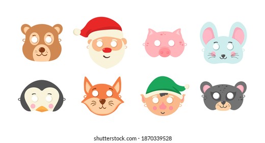 Animals carnival mask festival decoration masquerade. Set of assorted animal mask on face, dress-up, party accessory, DIY animal paper masks, photo booth props masks. Vector illustration, eps 10.