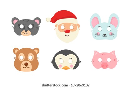 Animals carnival mask festival decoration masquerade. Set of assorted animal mask on face, dress-up, party accessory, DIY animal paper masks, photo booth props masks. Vector illustration, eps 10.