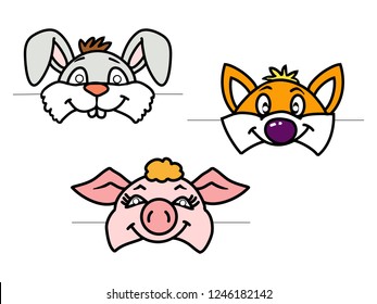 Animals carnival mask vector set festival decoration masquerade and party costume cute cartoon head decor isolated celebration vector illustration.