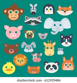 Animals carnival mask vector set festival decoration masquerade and party costume cute cartoon head decor isolated celebration vector illustration.