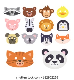 Animals carnival mask vector set festival decoration masquerade and party costume cute cartoon head decor isolated celebration vector illustration.