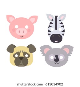 Animals carnival mask vector set festival decoration masquerade and party costume cute cartoon head decor isolated celebration vector illustration.