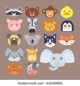 Animals carnival mask vector set festival decoration masquerade and party costume cute cartoon head decor isolated celebration vector illustration.