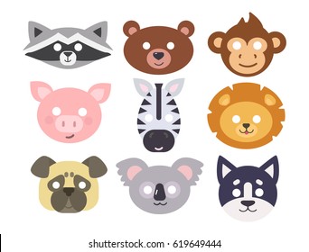 Animals carnival mask vector set festival decoration masquerade and party costume cute cartoon head decor isolated celebration vector illustration.