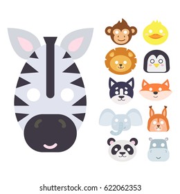 Animals carnival mask vector set festival decoration masquerade and party costume cute cartoon head decor isolated celebration vector illustration.