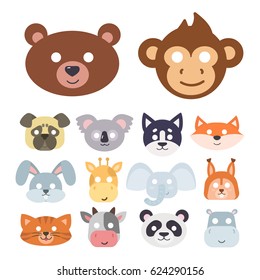 Animals carnival mask vector set festival decoration masquerade and party costume cute cartoon head decor isolated celebration vector illustration.