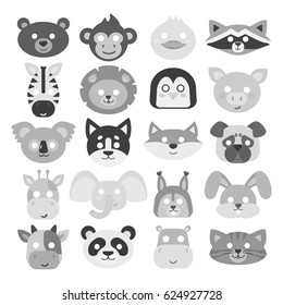 Animals carnival mask vector set festival decoration masquerade and party costume cute cartoon head decor isolated celebration vector illustration.