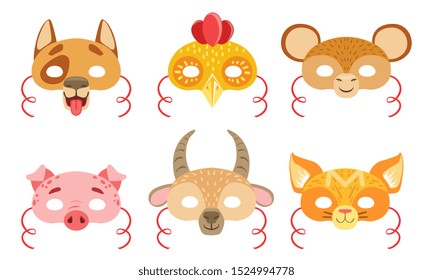 Animals Carnival Masks Set, Dog, Rooster, Monkey, Pig, Goat, Fox Vector Illustration