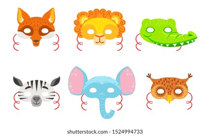 Animals Carnival Masks Set, Fox, Lion, Crocodile, Zebra, Elephant, Owl Vector Illustration