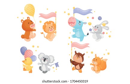 Animals Carrying Flags and Juggling the Balls Vector Set