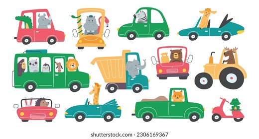 Animals in cars flat illustrations set. Funny frog, lion, dog, elephant and zebra characters riding on scooter, truck and bus. Wild and exotic crocodile, bear, hippo and fox inside transport