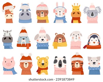 Animals cartoon character wearing winter hats, headbands and scarves accessories isolated set vector illustration. Kawaii domestic pet, farm, woodland and zoo inhabitant dressed in warm costume