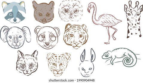 animals cartoon cute faces graphic illustration vector hand-drawn. Print textile vintage retro scandinavian style realism separately on a white background large set clipart owl tiger raccoon