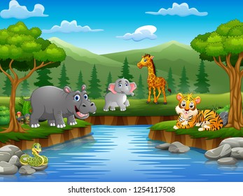 Animals cartoon are enjoying nature by the river