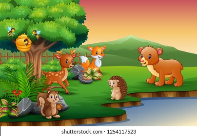 The animals cartoon are enjoying nature by the river