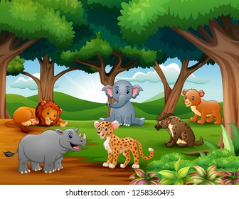 Animals cartoon are enjoying nature in the jungle