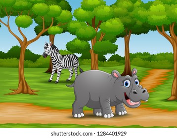 Animals cartoon are enjoying nature in the jungle