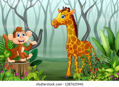 Animals cartoon in a foggy forest with views of dry tree branches