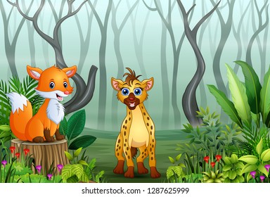 Animals cartoon in a foggy forest with views of dry tree branches