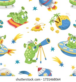 Animals cartoon. Galaxy print pattern. Space children's background. Aliens and rockets wallpaper. 