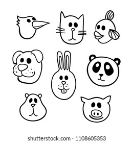 Animals cartoon heads set. Hand drawn fun for children flat vector illustration.