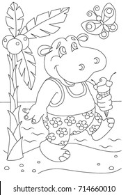 Animals cartoon. Hippo Coloring page outline. Vector illustration, coloring book for kids. Doodle page. Children background