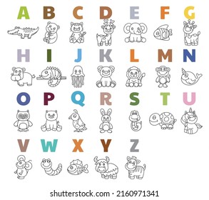 animals cartoon letters for kids, learn letters from a to z with animal theme, Big collection of decorative, kids,baby characters, ,card,hand drawn, cartoon style, vector illustration