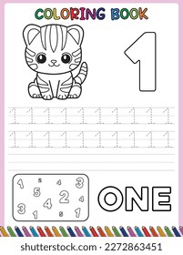 Animals cartoon. Number trace worksheet for kids and coloring book. Black and white. Activity Book.