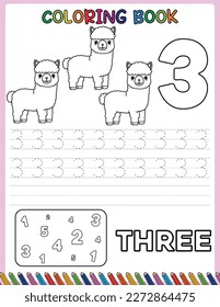 Animals cartoon. Number trace worksheet for kids and coloring book. Black and white. Activity Book.