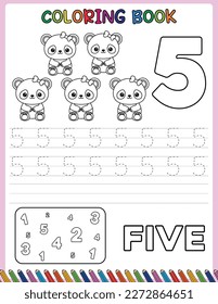 Animals cartoon. Number trace worksheet for kids and coloring book. Black and white. Activity Book.