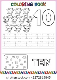 Animals cartoon. Number trace worksheet for kids and coloring book. Black and white. Activity Book.