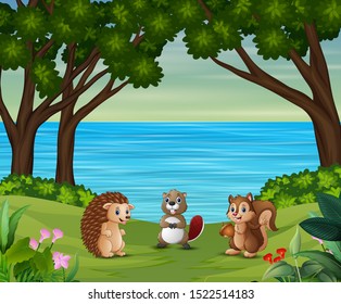 Animals cartoon on the edge of a river