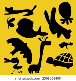 Animals cartoon em fundo amarelo, animais de clipart vetor, Illustrator, adesivo adorável, Conjunto de silhueta preta animais de estepe de floresta selvagem. Prof. de visão lateral isolada de ilustração de vetor