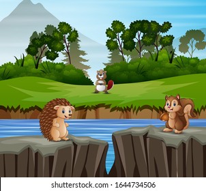 Animals cartoon playing in the nature background