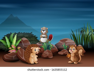 Animals cartoon playing in the night scene