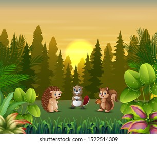 Animals cartoon playing at sunset landscape illustration