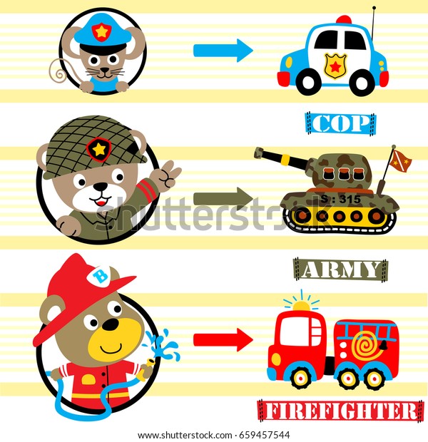 animals cartoon profession with various of\
vehicles, vector cartoon\
illustration
