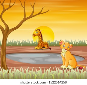 Animals cartoon sitting under the dry tree