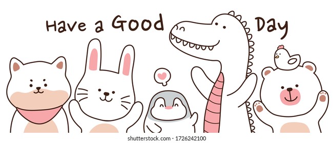 Animals in cartoon style on white background.Rabbit,shiba inu dog,penguin,crocodile,bear,hen doodle.Kawaii.Image for banner,card,wallpaper,kid t-shirt print.Vector.Illustration.