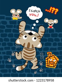 Animals cartoon vector, cat crawl on bricks wall hunting rats