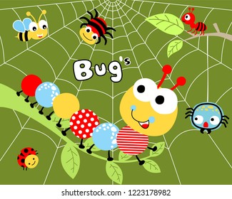 Animals cartoon vector of funny bugs on cobweb background